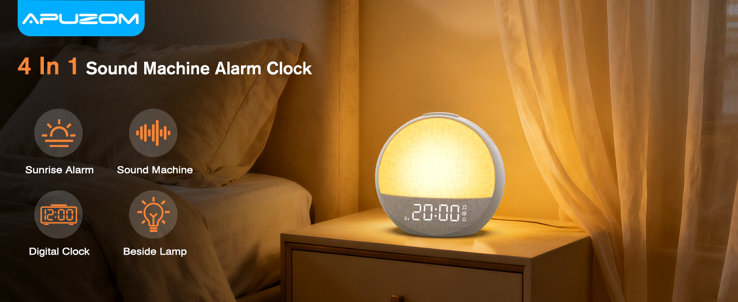 sunrise alarm clock with sound machine sitting on nightstand in bedroom