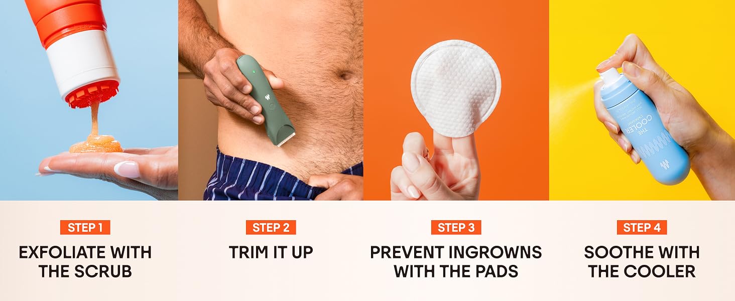 Exfoliate with the scrub, trim it up, prevent ingrowns with the pads, soothe with the cooler