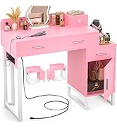 Vanity Desk with 4 Storage Drawers - Modern Makeup Vanity Table with Charging Station, Pink Vanit...