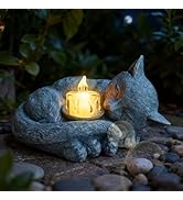 Sleeping Cat Candle Holder Statue Realistic Resin Cat Figurine with Candle Tray Outdoor Garden De...