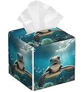 Cute Sea Turtle Tissue Box Cover Square, Blue Ocean Turtle Tissue Box Holder Waterproof Leather F...
