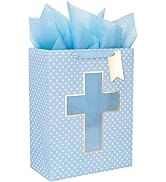 Loveinside Blue Gift Bag with Cross Design, Tissue Paper for Baby Boy Baptisms, Christenings, Fir...