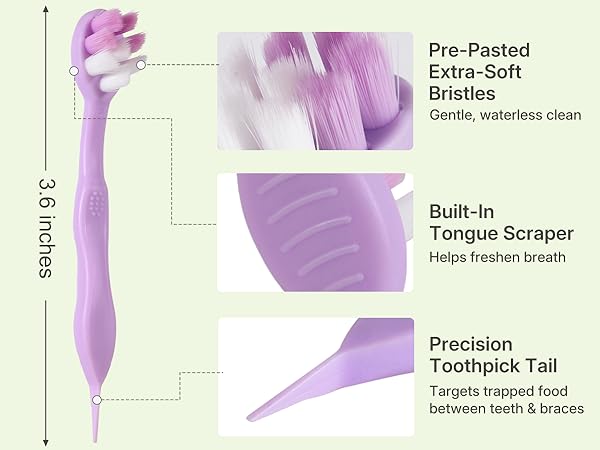 Tuckpoki 3-in-1 pre-pasted toothbrush, extra-soft bristles, tongue scraper, toothpick tail
