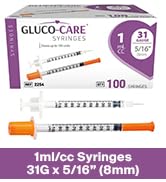 GLUCO-CARE 1 ml/cc Syringes 31G x 5/16’’ (8mm), Orange Cap, 100/box