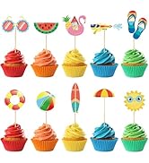 Hooqict 40Pcs Summer Beach Cupcake Toppers Pool Party Hawaiian Luau Cake Decorations Cupcake Pick...