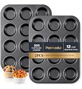 Parmedu 12 Cup Muffin Pan - 2 Pack with 200 Cupcake Liners, 0.5mm Carbon Steel Cupcake Pan, Nonst...
