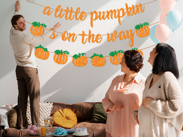 A Little Pumpkin Is On The Way Banner with Pumpkin Garland