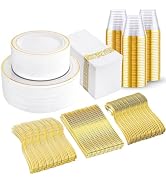 350 Pcs Gold Dinnerware Set, Plastic Plates Disposable for 50 Guests Include:50 Gold Rim Dinner P...