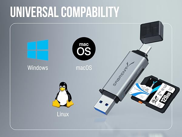 Text reads 'UNIVERSAL COMPATIBILITY'. Tech compatibility diagram showing Windows, macOS, and Linux icons alongside USB device images on grey background.