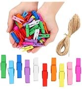 Mini Clothespins for Photos,100pcs Clothes Pins Wooden,Colorful Clothespins with Jute Twine, Smal...