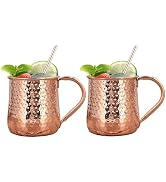 TJ Moscow Mule Mugs Set of 2, 17 oz Hammered Copper Cups with 304 Stainless Steel Lining and Copp...