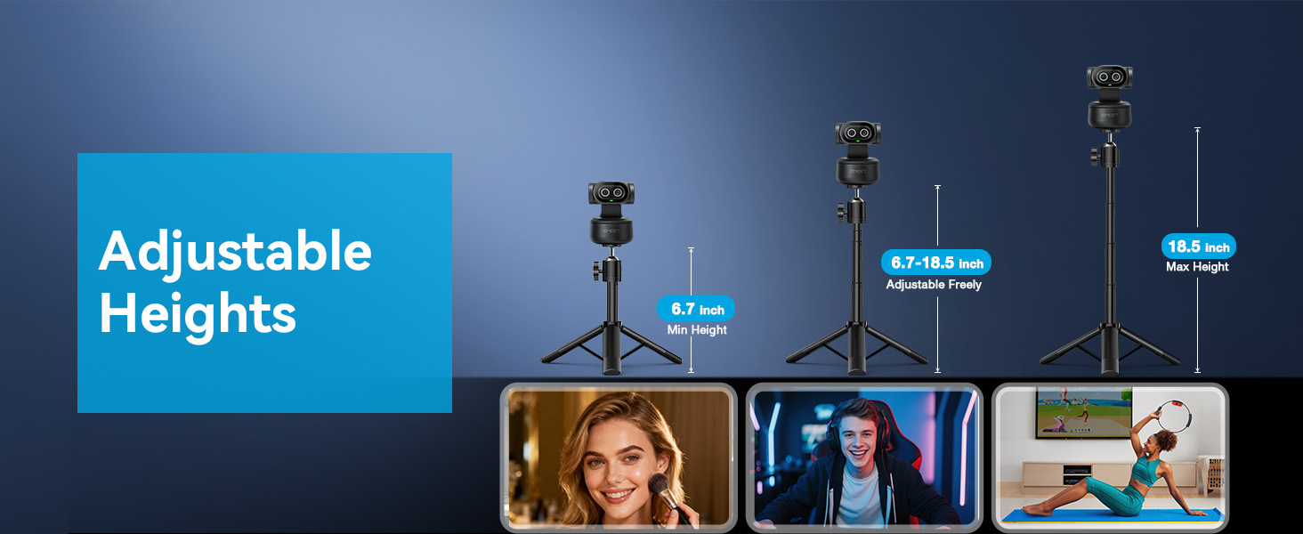The included tripod in PIXY Kit adjusts from 6.7–18.5" with a 360° swivel head
