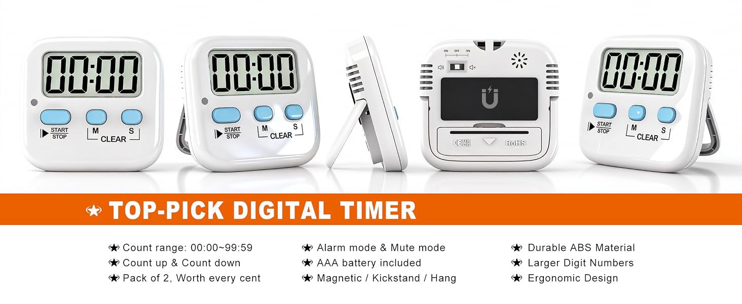 Text reads 'TOP PICK DIGITAL TIMER'. Multiple images of digital timers displaying different countdown settings and functions.
