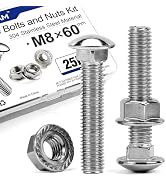 25PCS M8 x 60mm Carriage Bolts with Serrated Flange Nuts, 18-8 SS | Bolt and nut set, Fully threa...