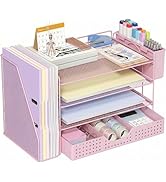 ECOLOVI Desk Organizer, 4-Tier Paper Organizer Letter Tray with File Holder, Drawer and 2 Pen Hol...