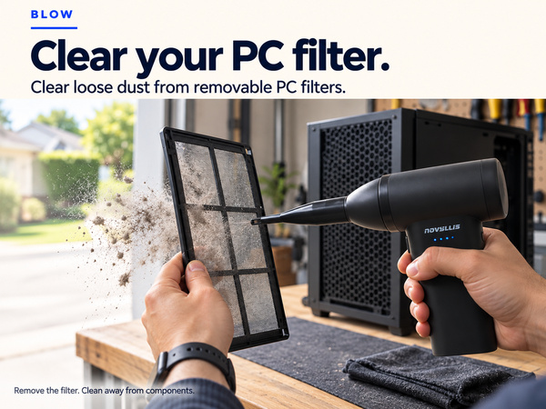 Cordless air duster blowing loose dust off a removable PC dust filter outside the computer case