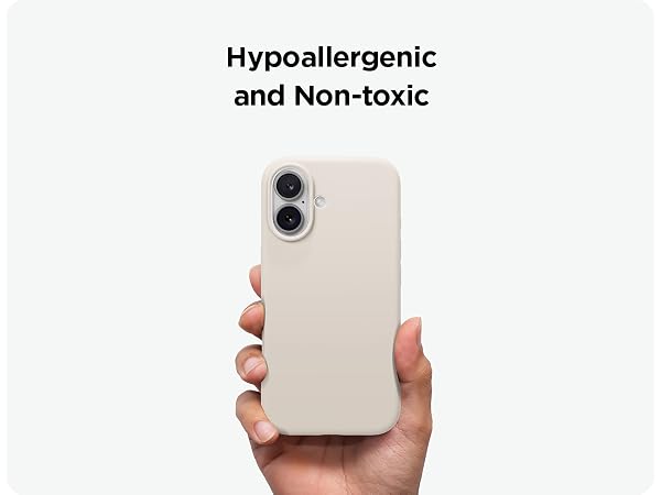 Beige smartphone case with dual camera cutout being held up against white background. Text indicates it is hypoallergenic and non-toxic.