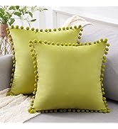 Top Finel Set of 2 Grass Green Couch Pillow Covers 16x16 Decorative Throw Pillow Covers with Pom ...