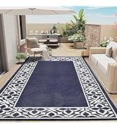 PureCozy Outdoor Plastic Straw Rug Navy Blue Large Outside Waterproof Outdoor Patio 10x14 Carpet ...