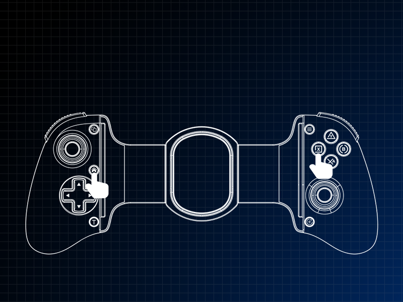 Blueprint-style technical illustration of a wireless game controller with split ergonomic design, dual analog sticks, directional pad, face buttons, shoulder buttons, and central connectivity zone on dark grid background.