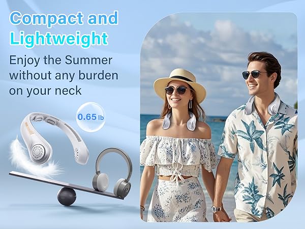Lightweight neck-mounted portable fan device shown in silver color, advertised as weighing 0.65 pounds for summer comfort.