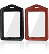 Larpur Pack of 2 Genuine Leather ID Badge Holders, Vertical ID Card Holders with Clear ID Window,...