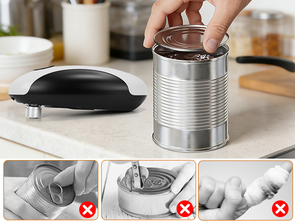 Sequence showing metal cans being handled and manipulated, with red X marks indicating incorrect handling methods.