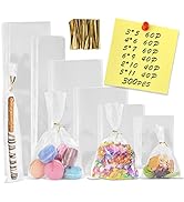 300 PCS Clear Flat Cellophane Treat Bags with 3x5",4x6",5x7",6x9",2x10",5x11",Treat Bags with Tie...