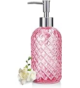 400ml/13.5oz Pink Diamond-Textured Glass Soap Dispenser with Silver Pump, Refillable Hand Soap/Lo...