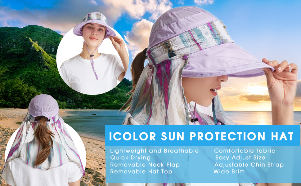 icolor Women Sun Hat Sun Protection Face & Neck Flap Cap Summer Wide Brim Hat
