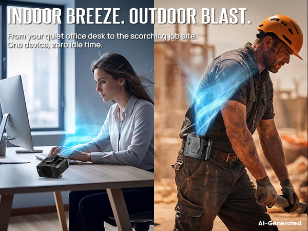 One mini waist fan switches from quiet office breeze to powerful outdoor jobsite cooling