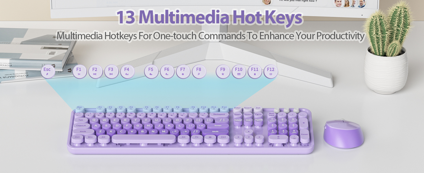 purple keyboard and mouse wireless cute colorful retro typewriter full size keyboard