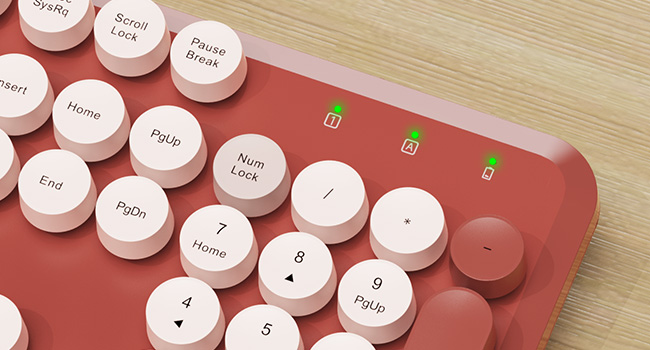 Close-up of burgundy retro keyboard number pad with indicator lights.
