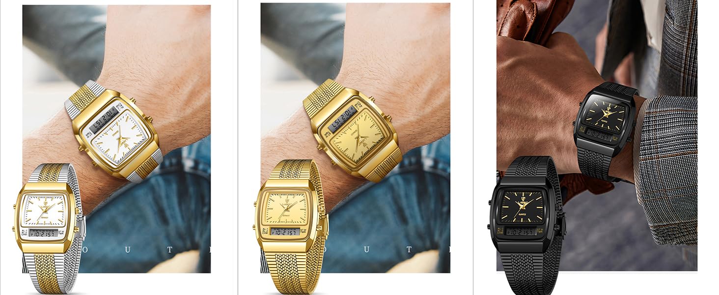 FANMIS Men's Watches Multifunction Square Dual Display Sport Watch for Men
