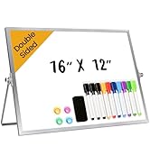 Lumspax Desktop Whiteboard with Stand, 16" x 12" Double-Sided Dry Erase Board with Stand, Portabl...