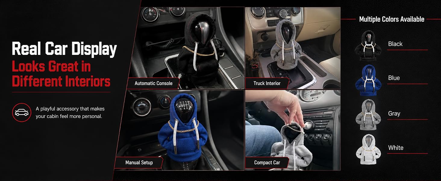 Mini hoodie shift knob cover shown in different car interiors and available color options.