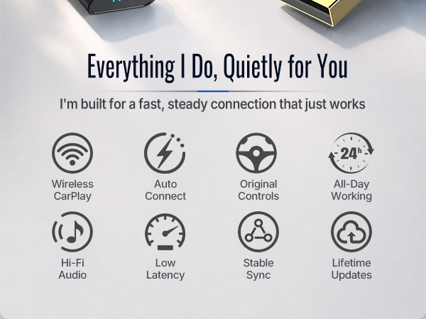 Wireless CarPlay dongle helps drivers stay connected with automatic pairing and updates.