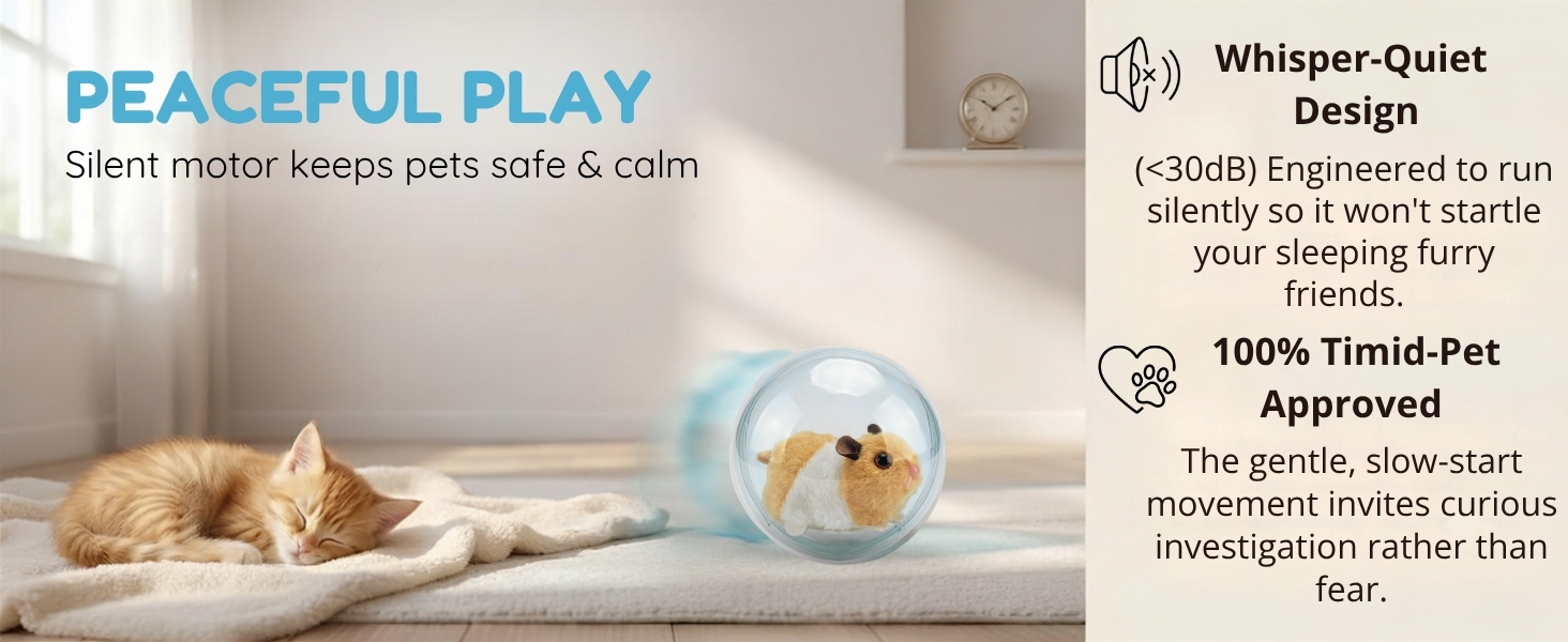 Ginger kitten sleeping by a blue interactive cat ball toy containing a realistic plush mouse.