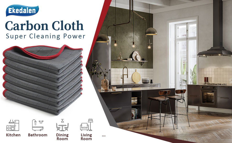 Stack of gray microfiber cleaning cloths. Product name 'Carbon Cloth' visible. Icons indicate use in kitchen, bathroom, dining room, and living room.