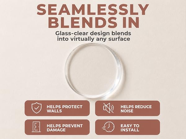 Glass-clear bumper with 3M adhesive backing stays flat and invisible on painted walls pared