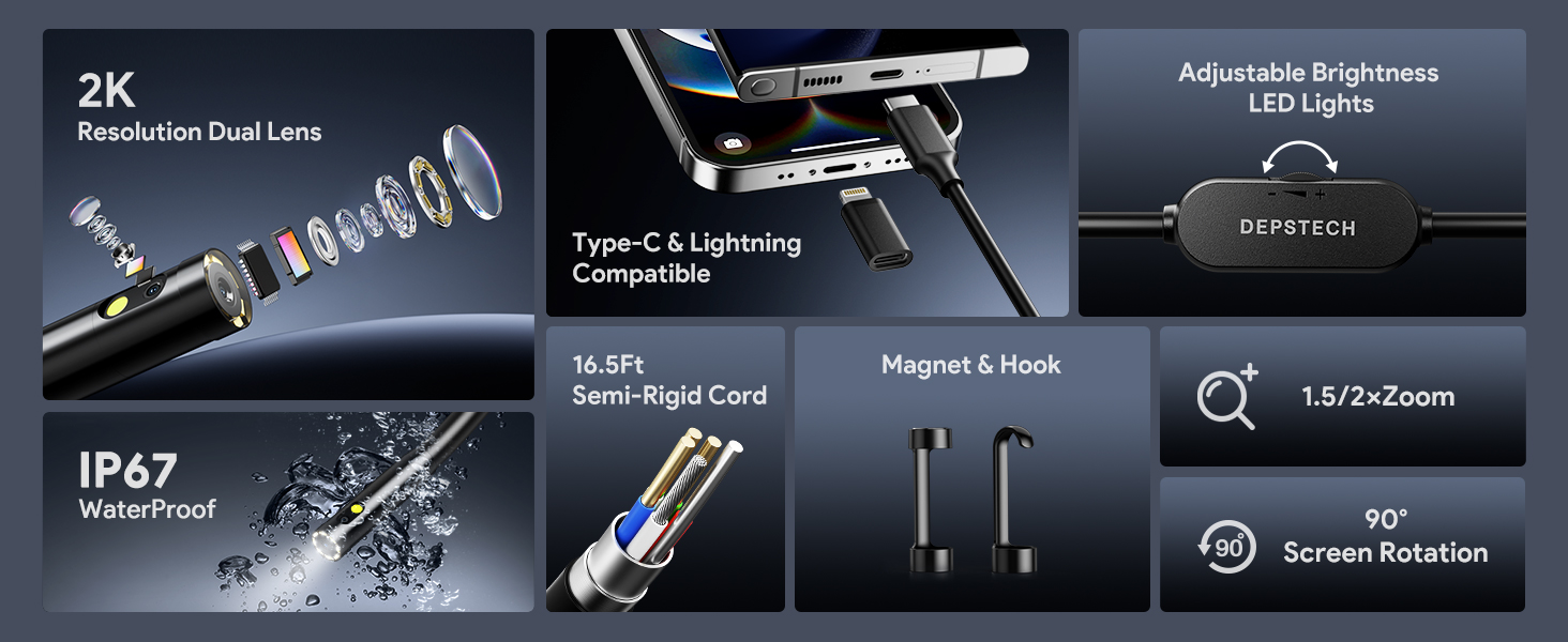 DEPSTECH Endoscope Camera with Ligh Dual Lens Inspection Borescope for iPhone & Android