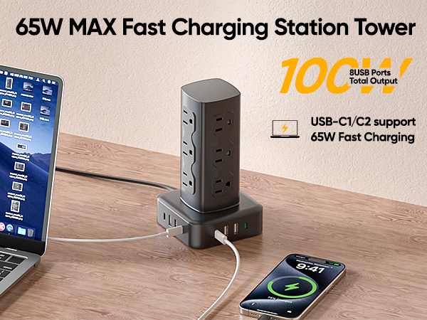 Tower Power Strip Surge Protector, Charging Station Tower