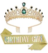 AHONEY Birthday Crowns for Women, Birthday Sash for Girls, Green Tiara Rhinestones Crown with Com...