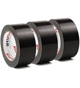Three rolls of black industrial or utility tape with red lettering, arranged in a row.
