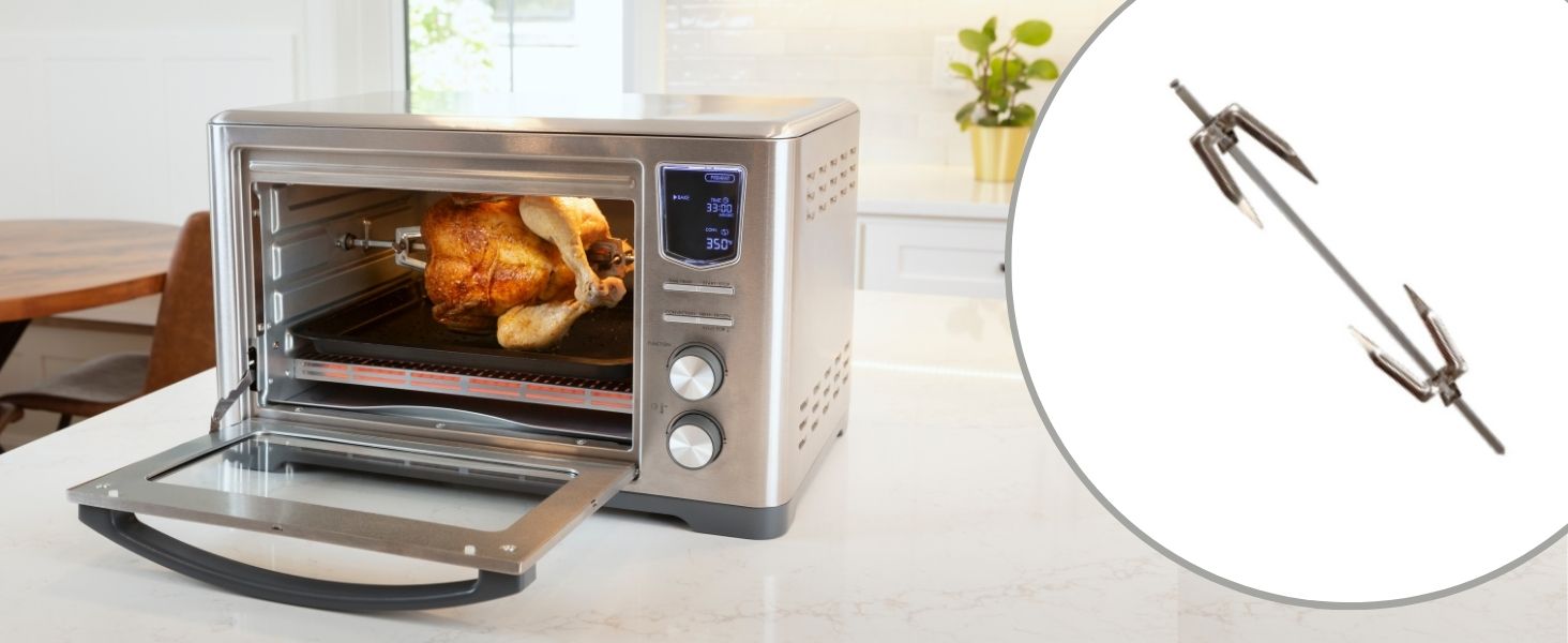 Kenmore digital toaster oven air fryer on a kitchen counter with inset closeup of rotisserie spit