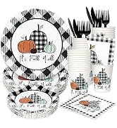 Whaline 175Pcs Fall Thanksgiving Tableware Set Buffalo Plaids Pumpkin Disposable Dinnerware 50Pcs...