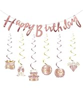 INTATIKOO Rose Gold Happy Birthday Banner with Hanging Swirl Streamers, Pink DIY Birthday Decorat...