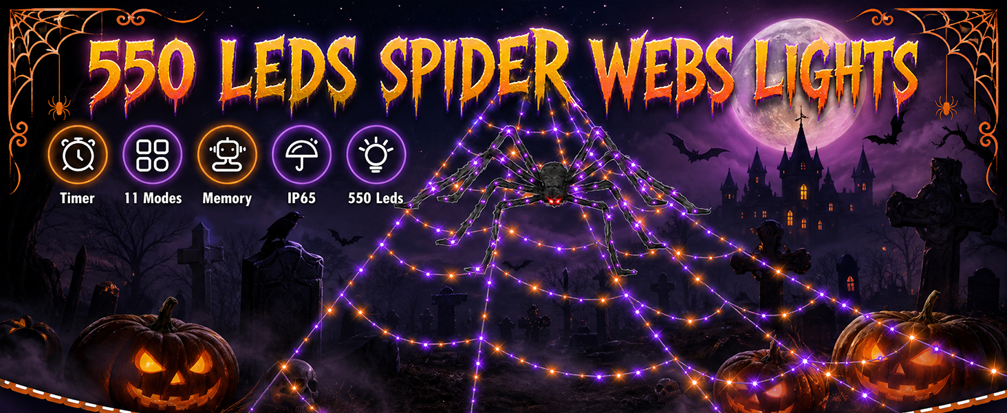 Halloween Decorations Outdoor Spider Web Lights with Glowing Spider