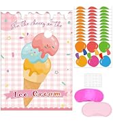Pin The Cherry on The Ice Cream Game -Ice Cream Party Game with 21'' x 28'' Poster, Reusable Cher...