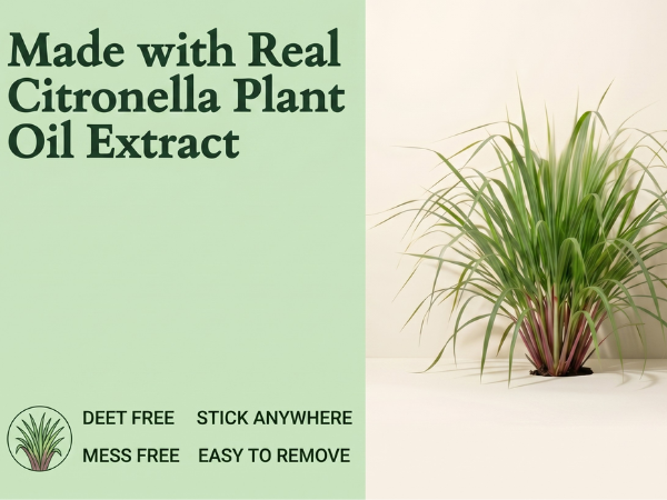 Citronella plant with text highlighting DEET-free, mess-free stick anywhere mosquito repellent patch